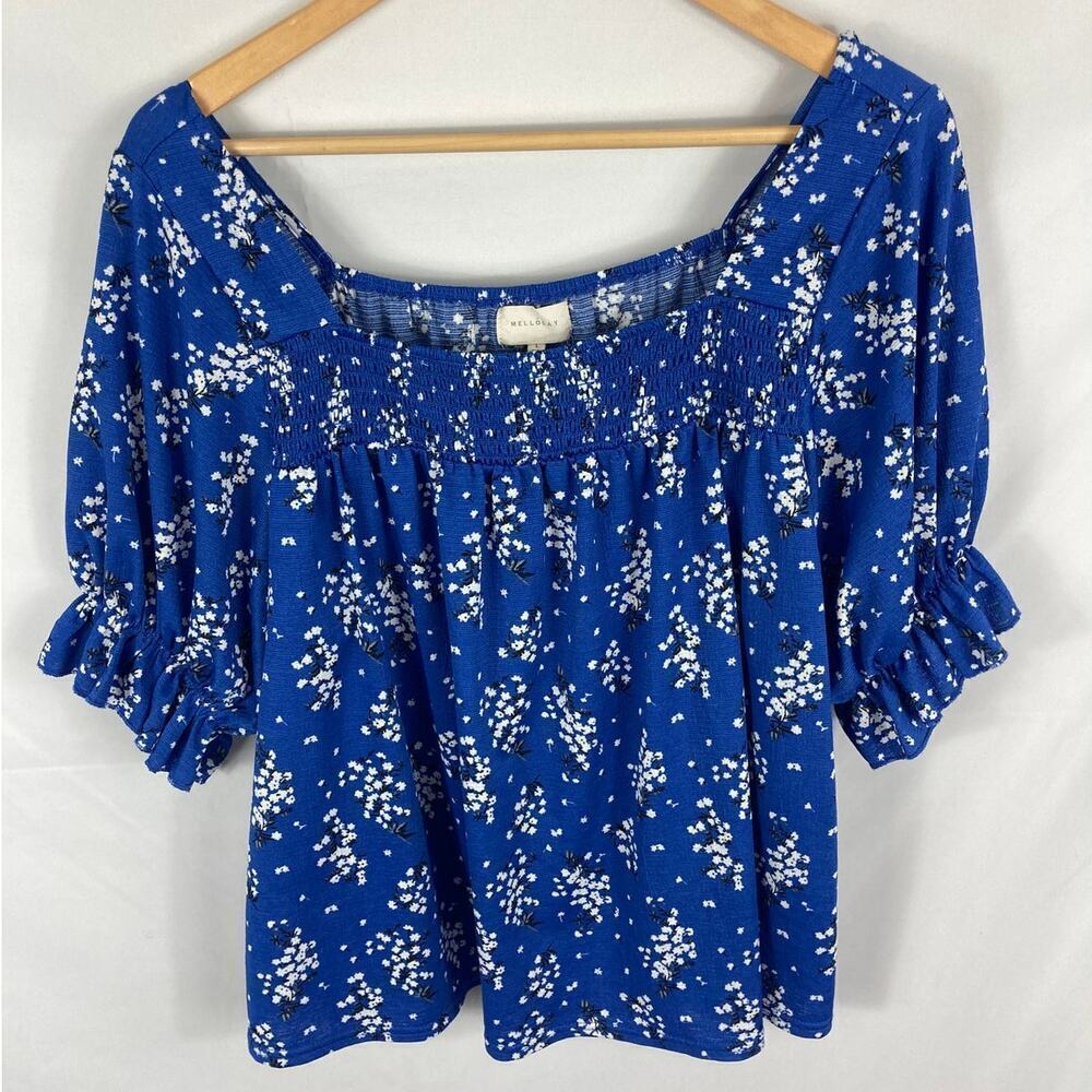 Melloday Blue Floral Smocked Blouse Size Large